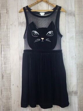 Cooperative Black Velvet Cat Face Mesh Dress. Size Large. Fits Like a Medium.